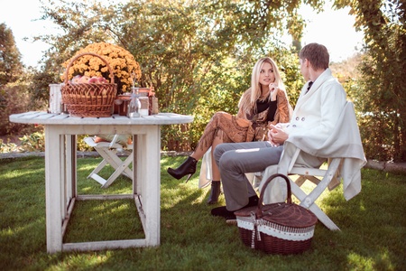 happy young couple in love outdoor in autumnの写真素材