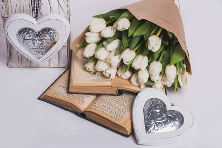 Valentines day composition with books and tulipsの写真素材