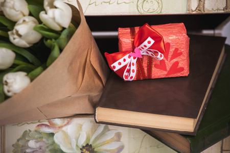 Valentines day present box composition with tulips bouqueteの写真素材