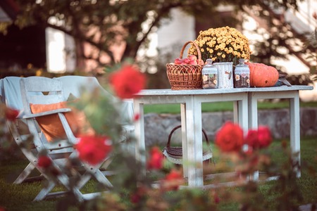 Flowers, pumpkins and apples in basket on garden tableの写真素材