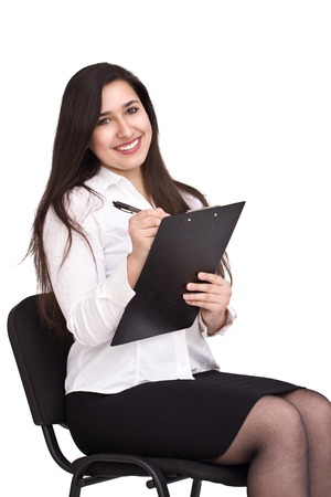 portrait of woman with tablet and pen isolated on whiteの写真素材