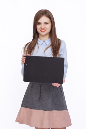 Business woman show board, banner with copy spaceの写真素材