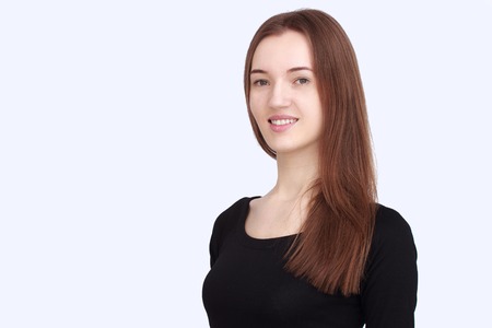 close-up portrait happy woman in black dressの写真素材