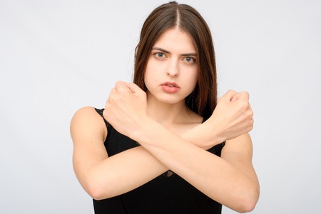 portrait of beautiful girl in black dressの写真素材