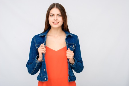 Advertisment. Young succesful businesswoman.Woman in dress show copyspaceの写真素材