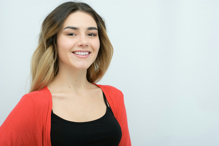Smiling business woman. Isolated over white backgroundの写真素材