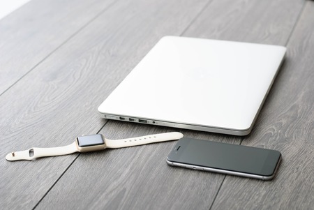 Business workplace from top smart watch, smart phone, glasses,の写真素材