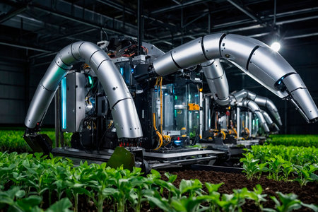 Industrial robotic arm working in a greenhouse. Smart agriculture concept.の素材