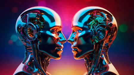 3D rendering of a robot couple with heads in front of a colorful backgroundの素材