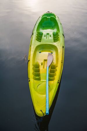 Kayaks in river Colorful plastic boatの写真素材