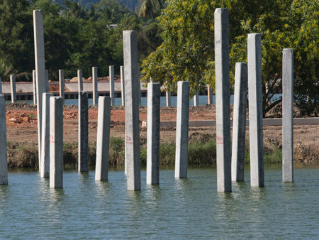 Concrete pillars in the water of a lake in a park.