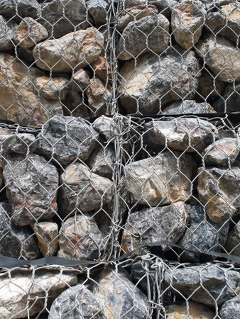 Gabion wall prevents the collapse of roads and rivers.の写真素材