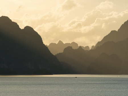 Sunset at Ratchaprapha Dam Khao Sok National Park, Surat Thani, Thailandの写真素材