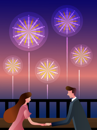 Sweet couple celebrate their anniversary having a romantic dinner outdoor, vector illustration.のイラスト素材