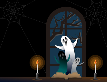 Mystery Complex, Three ghost with old tree and candle light at the doorway, Halloween concept, vector illustration.のイラスト素材