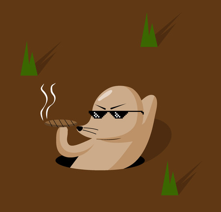 Funny cartoon mole smoking a cigarette,  vector illustration.のイラスト素材