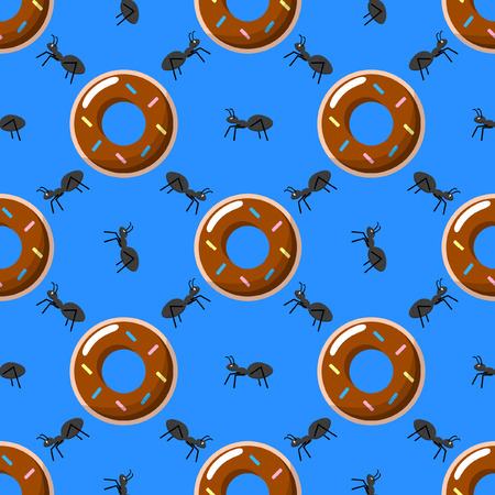 Seamless pattern art. Donut with chocolate glaze and black ant on blue background. Use for printing on textiles, t-shirt, greeting cards, wrapping paper, posters, fabric print. Vector illustration.のイラスト素材