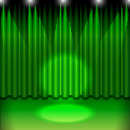 Theater stage with a Green curtain and a spotlightのイラスト素材