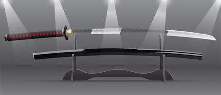 Samurai Japanese katana swords on stand. Vector Illustrationのイラスト素材