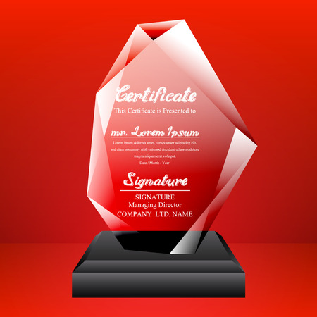 Crystal trophy certificate design template on red background. Vector Illustrationのイラスト素材