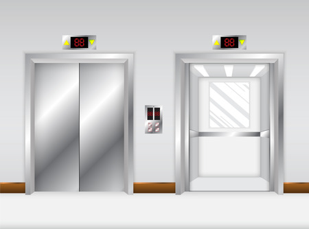 Open and closed chrome metal office building elevator doors realistic vector illustrationのイラスト素材