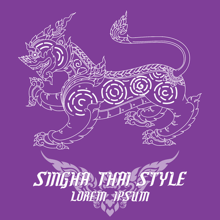 Thai art lion or sigha. Detailed vector illustration in purple.のイラスト素材