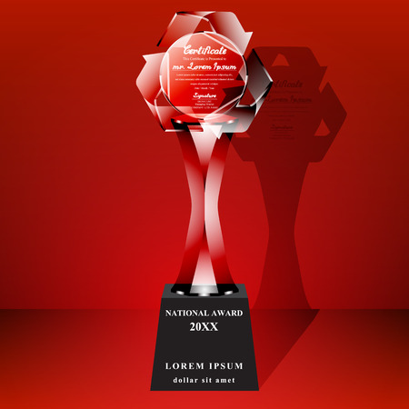 Red crystal trophy certificate design template on red background.のイラスト素材