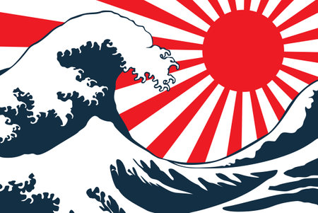 wave vector illustration Japanese and Red Sun Shine. japan background. hand drawn illustration of japanのイラスト素材