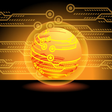 Orange Digital Lighting technology balls on black background, illustration. vector.のイラスト素材