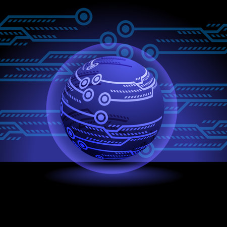 Blue Digital Lighting technology balls on black background, illustration. vector.のイラスト素材