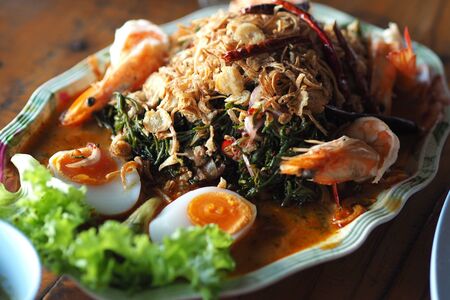 Salad leaves Suaeda maritima and shrimp Thai seafood with boiled egg.の写真素材