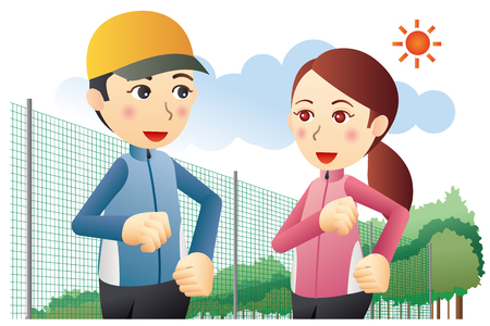 Young couple running in the park on the sunny dayのイラスト素材