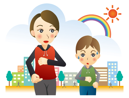 Mother and son jogging in the city streetのイラスト素材