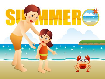 Father and daughter found a crab on the beachのイラスト素材