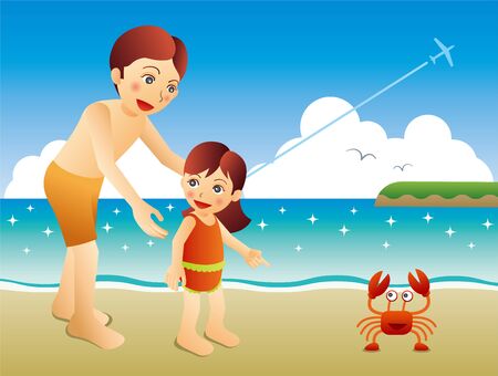 Father and daughter found a crab on the beachのイラスト素材