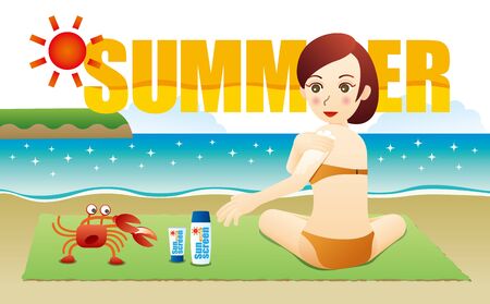 Cute woman and crab applying sunscreen creme.のイラスト素材