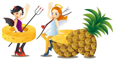 Cute angel and Sweet devil and Delicious pineappleのイラスト素材