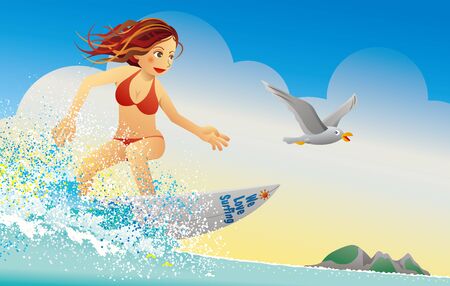 Surfer girl in orange bikini swimsuit rides the ocean wave with seagull. のイラスト素材