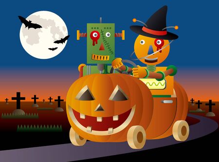 Robot driving a Halloween style pumpkin car on a moonlight nightのイラスト素材