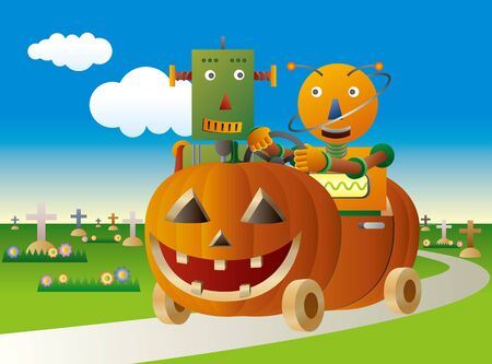 Robot driving a Halloween style pumpkin carのイラスト素材