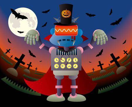 Vampire robot wearing a halloween pumpkin hatのイラスト素材