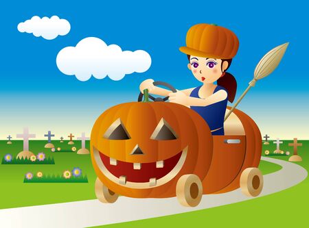 Cute witch driving a Halloween style pumpkin carのイラスト素材