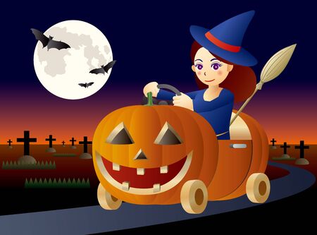 Cute witch driving a Halloween style pumpkin car on a moonlight nightのイラスト素材