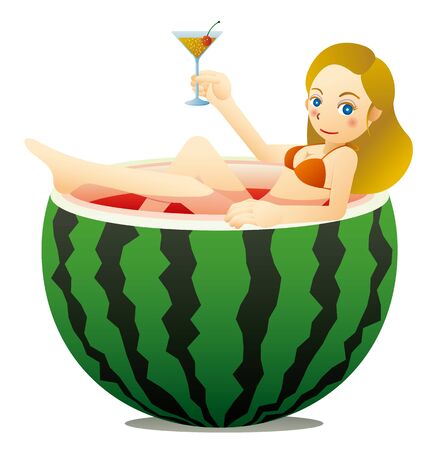 Pretty woman in bikini drinking cocktail in watermelon poolのイラスト素材