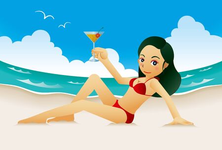 Pretty woman sitting with cocktail on the beach.のイラスト素材