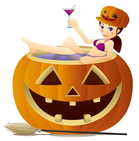 Cute witch drinking cocktail in halloween pumpkin tubのイラスト素材