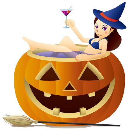 Cute witch drinking cocktail in halloween pumpkin tubのイラスト素材