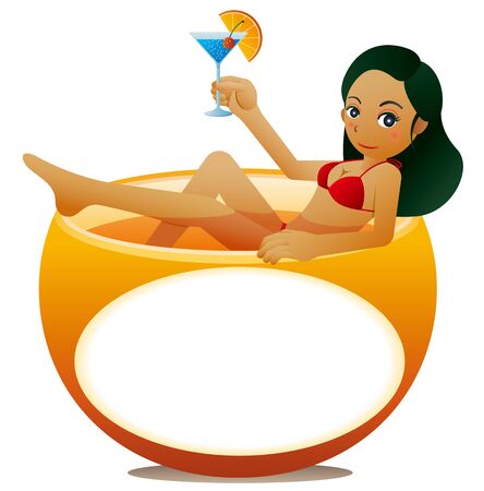 Cute woman drinking cocktail in orange tub. Message board.のイラスト素材