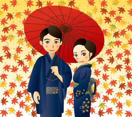 Lovers in the autumn leavesのイラスト素材