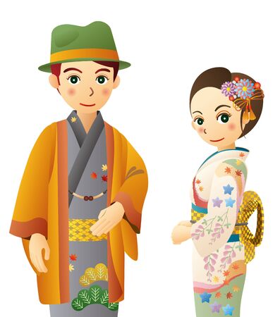 Couple wearing traditional Japanese garment, kimono. White background.のイラスト素材